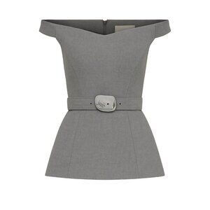 Fifi Off Shoulder Gray Top With Belt By Nicholas Size US 2/AU 6 V-Neck Peplum St